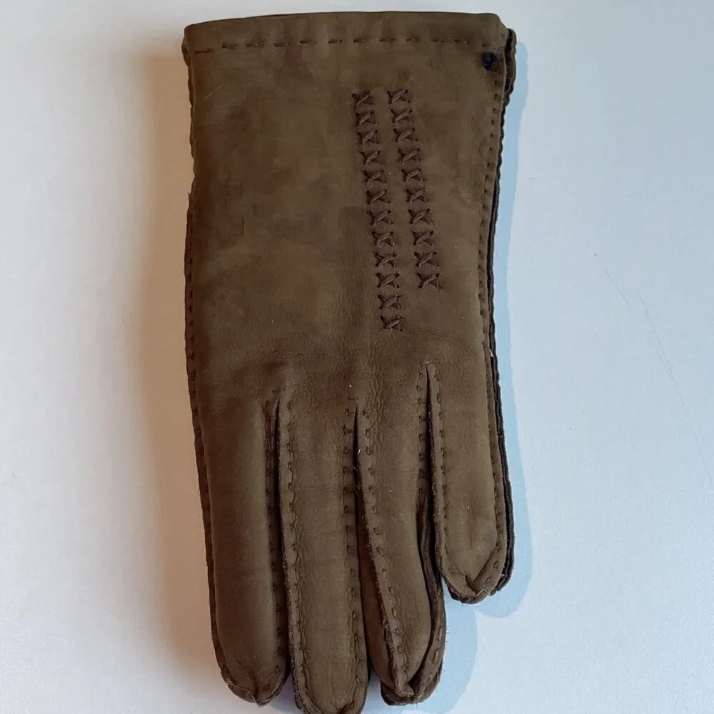 Vintage Women's Suede Gloves Size S Brown Lined Embroidered Made Czechoslovakia